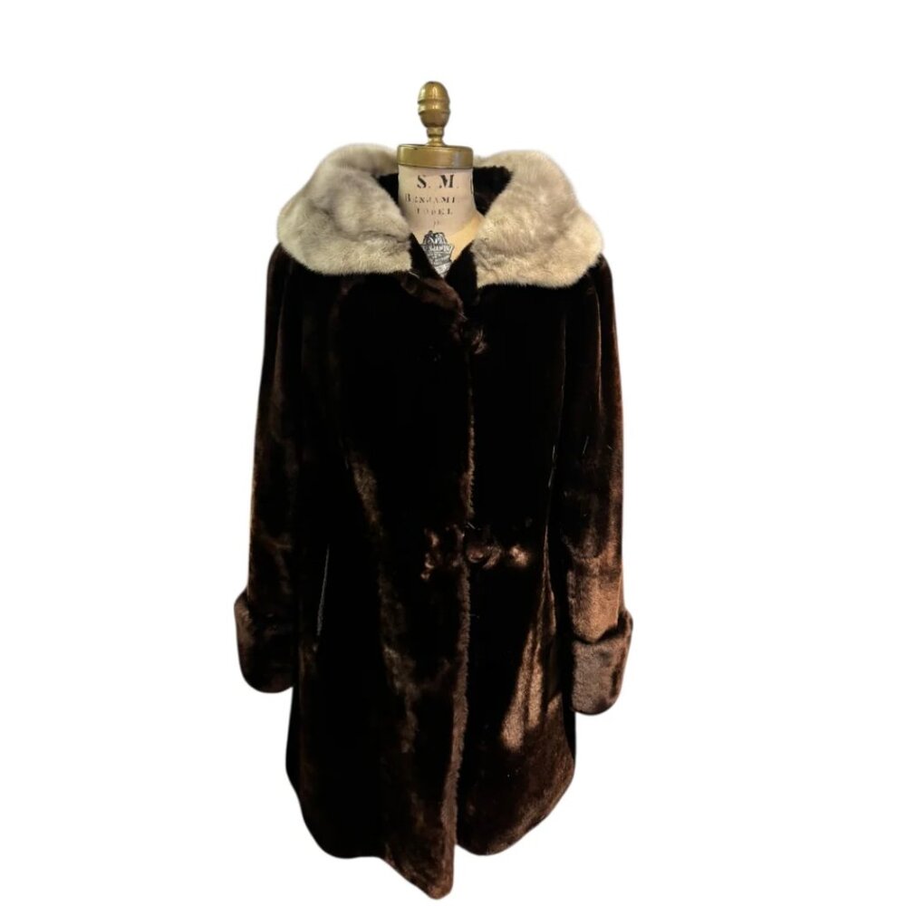 Hurtig Furriers Dark Brown+Grey Fur Coat, Large